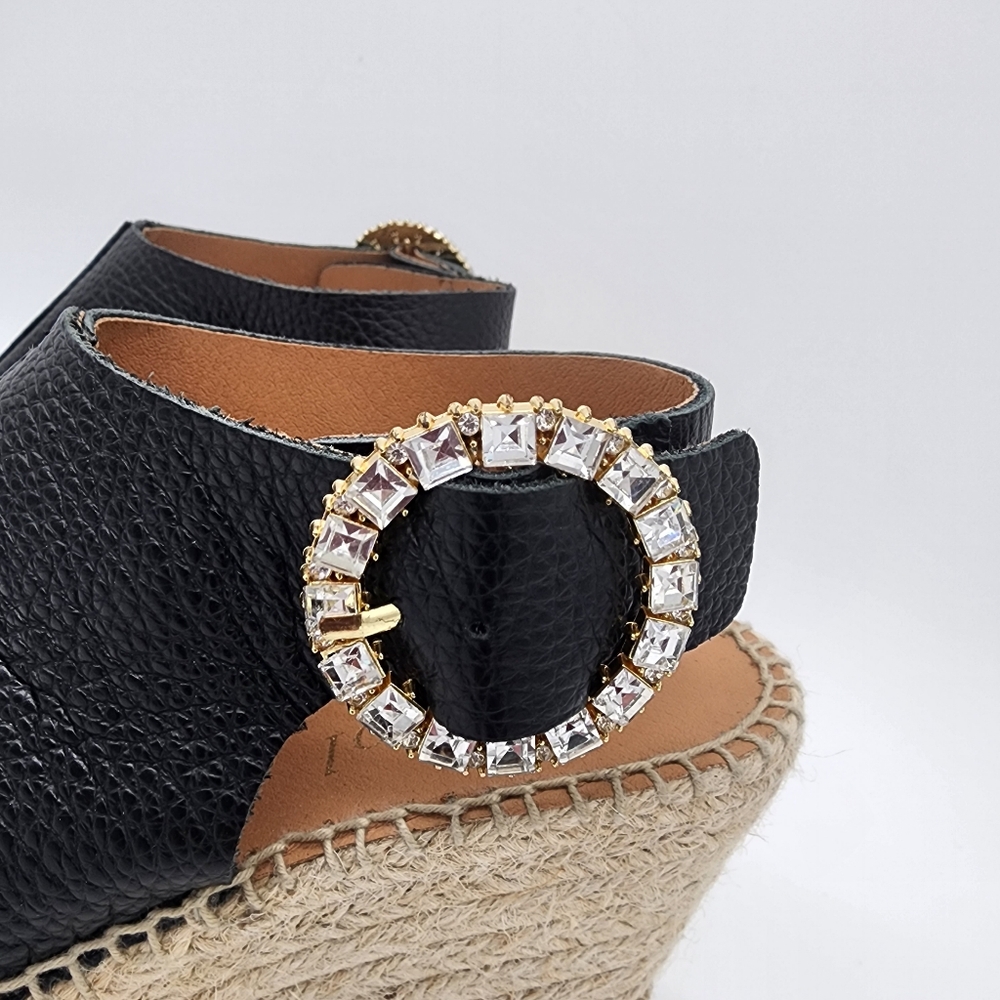 Maypol Spain Wedge Sandals Leather Black Rhinestone Buckle Size 39 or 9 - Picture 5 of 13